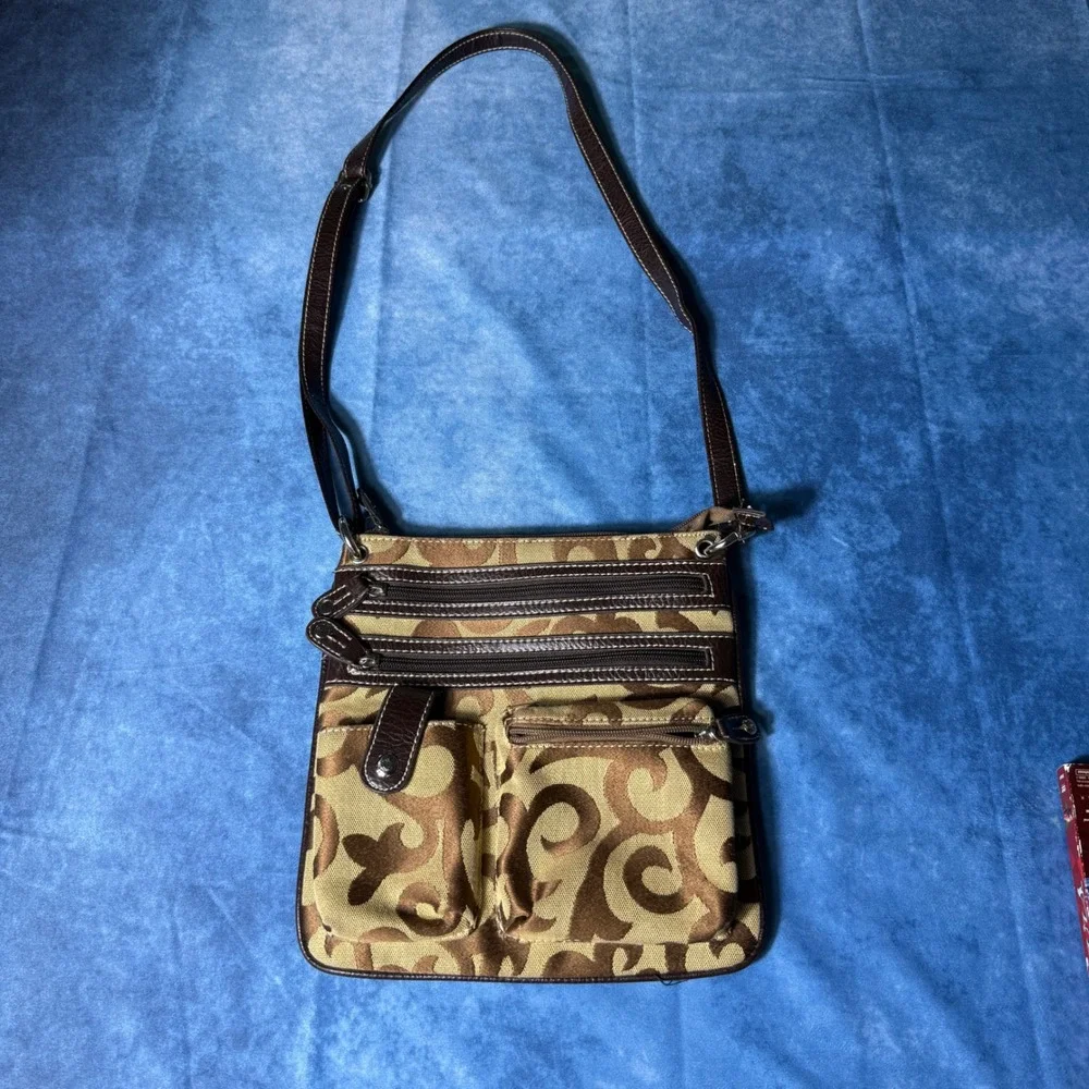 Y2K Brown Tan Swirl Crossbody Shoulder Bag Multi Pocket Organizer Purse